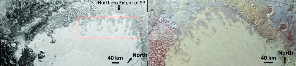 冥王星で液体窒素が噴出?ハート形氷河の暗い筋が示す驚きの可能性